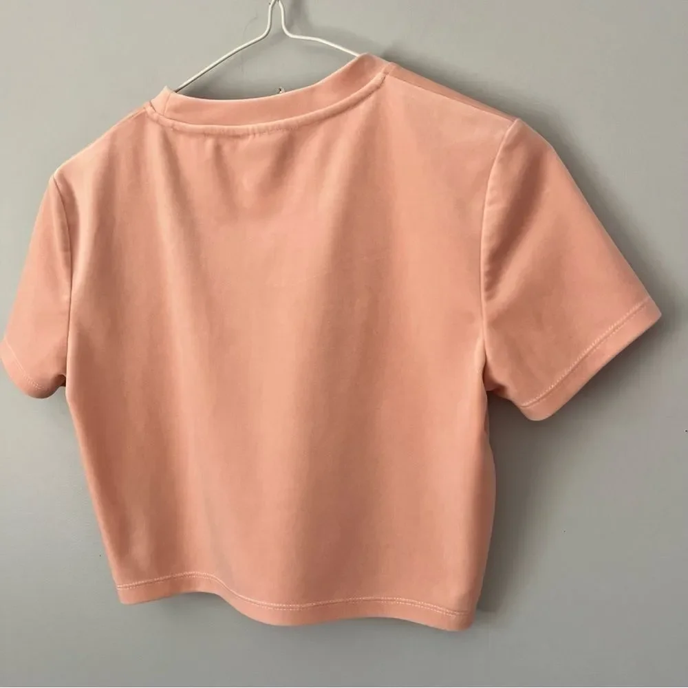 Guess Rhinestone Front Logo Powder Pink Velour Cropped Short Sleeve Shirt Size S